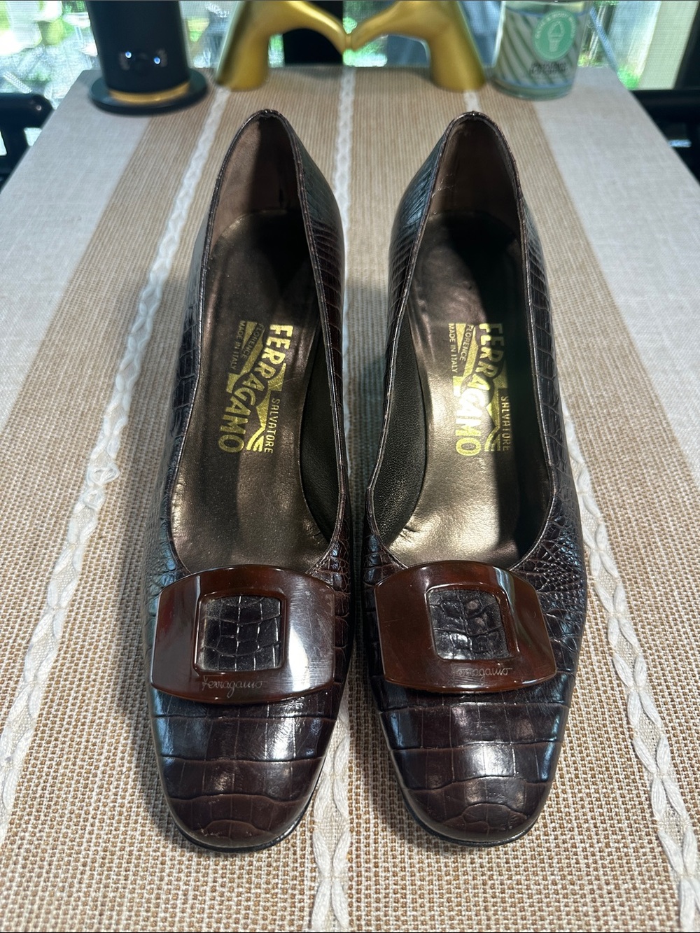 Salvatore Ferragamo Dark Brown Croc-Embossed Leather Pumps with Buckle